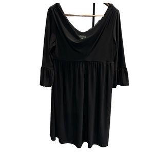 BLACK Wide NECK Flowy DRESS stretchy knit Empire Waist 3/4 Ruffle cuff Sleeves L